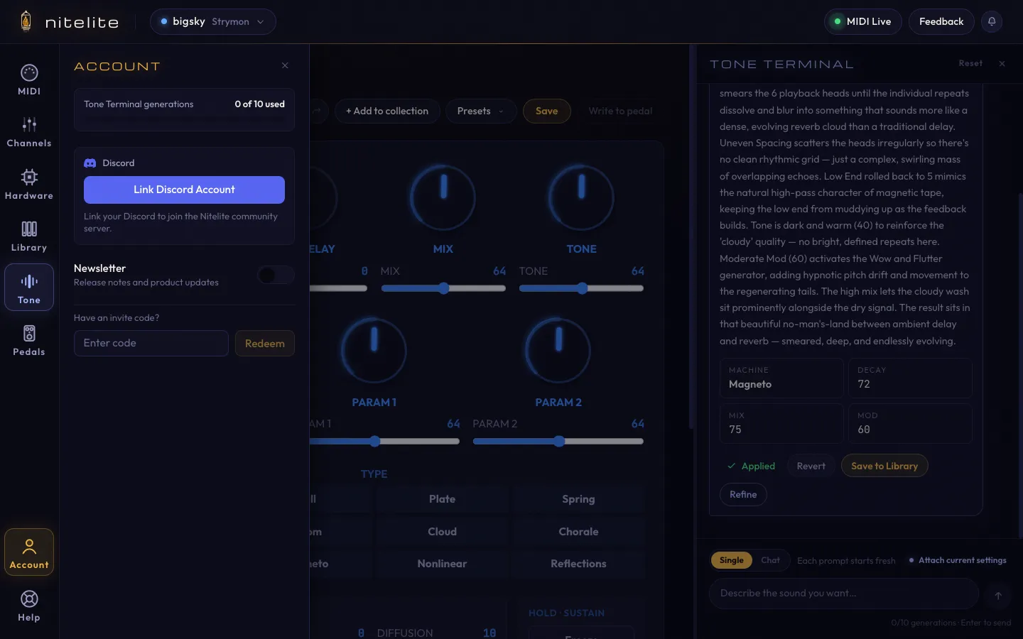 The Account panel with the generation counter, Discord linking, newsletter toggle, and invite code field