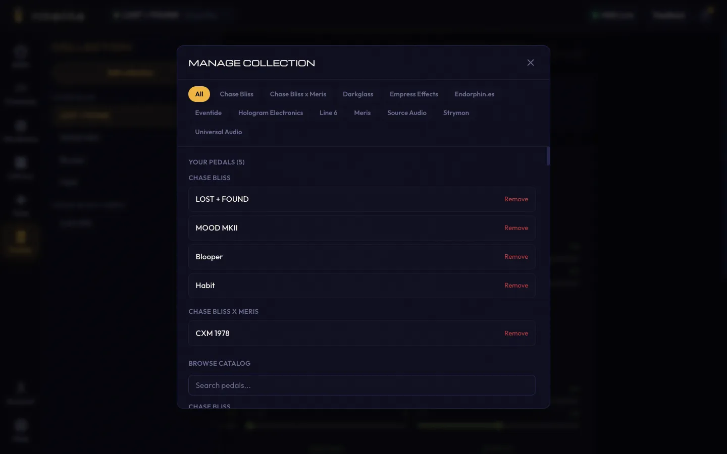 The Manage Collection modal with manufacturer filters, your pedals, and a searchable catalog