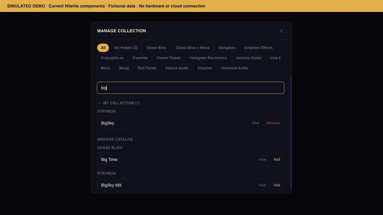 Collection search showing an owned BigSky and Add buttons for other pedals