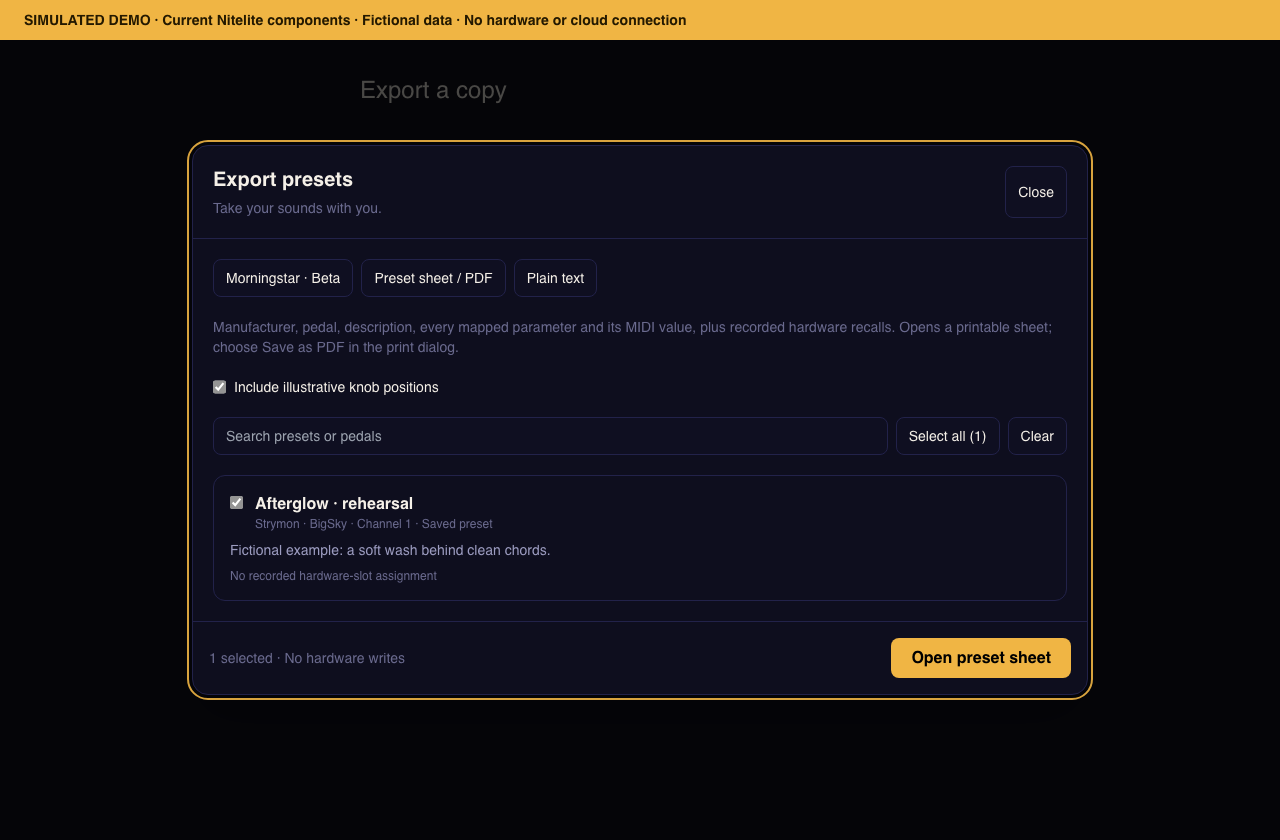 Export presets dialog showing format choices and a selected fictional BigSky preset