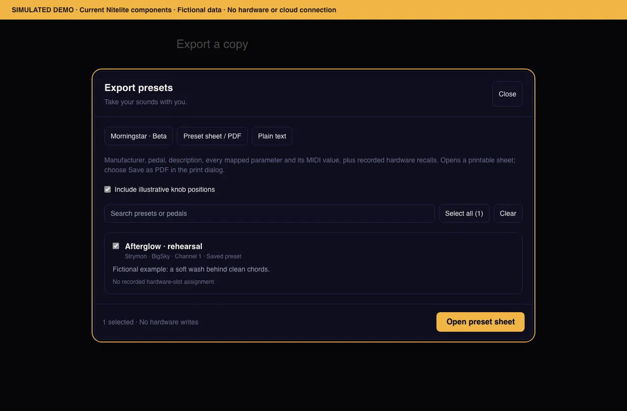 Export presets dialog showing format choices and a selected fictional BigSky preset