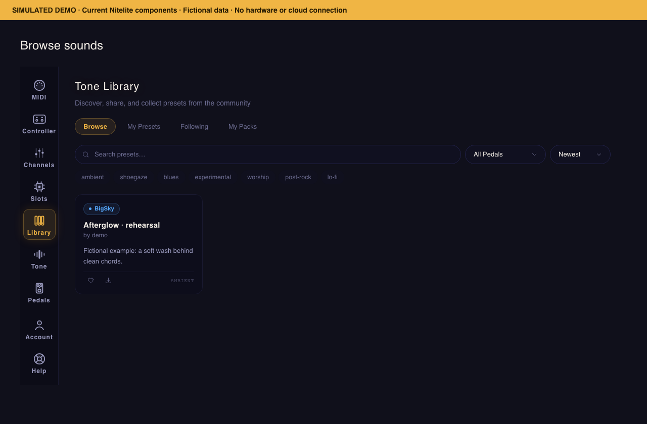 Tone Library Browse with search, pedal filter, tags, and preset cards
