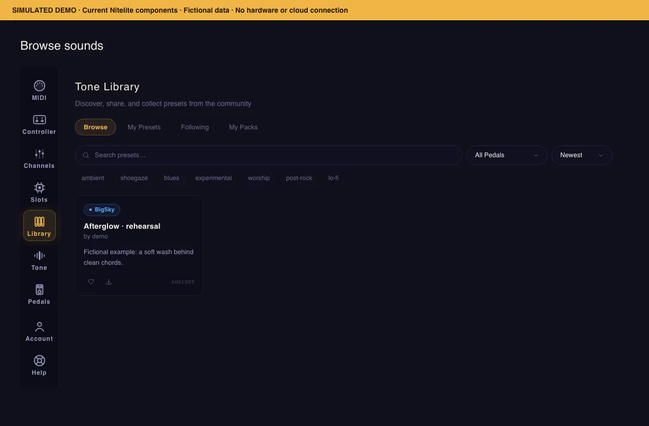 Tone Library Browse with search, pedal filter, tags, and preset cards