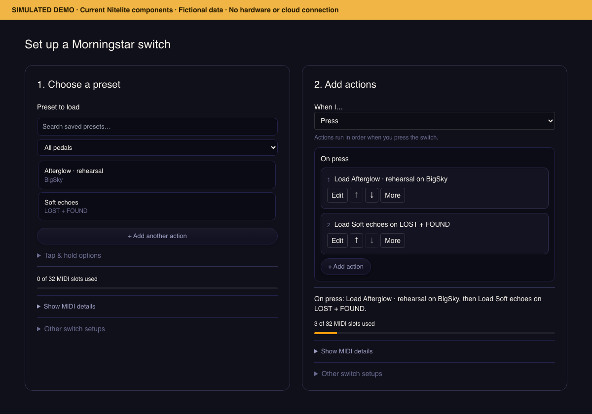 Two simulated views of the Morningstar switch editor: choosing a saved preset and arranging two preset recalls in order
