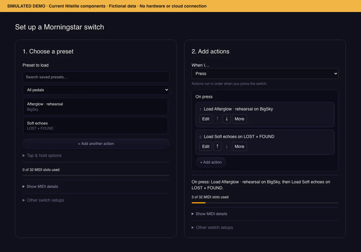 Two simulated views of the Morningstar switch editor: choosing a saved preset and arranging two preset recalls in order