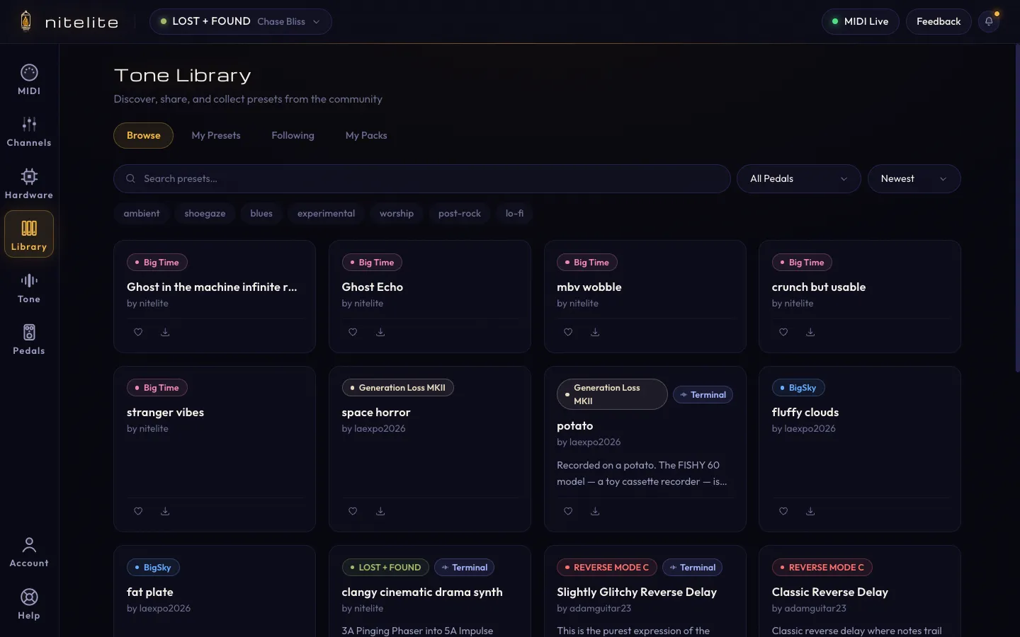 The Tone Library browse view with search, filters, genre tags, and preset cards
