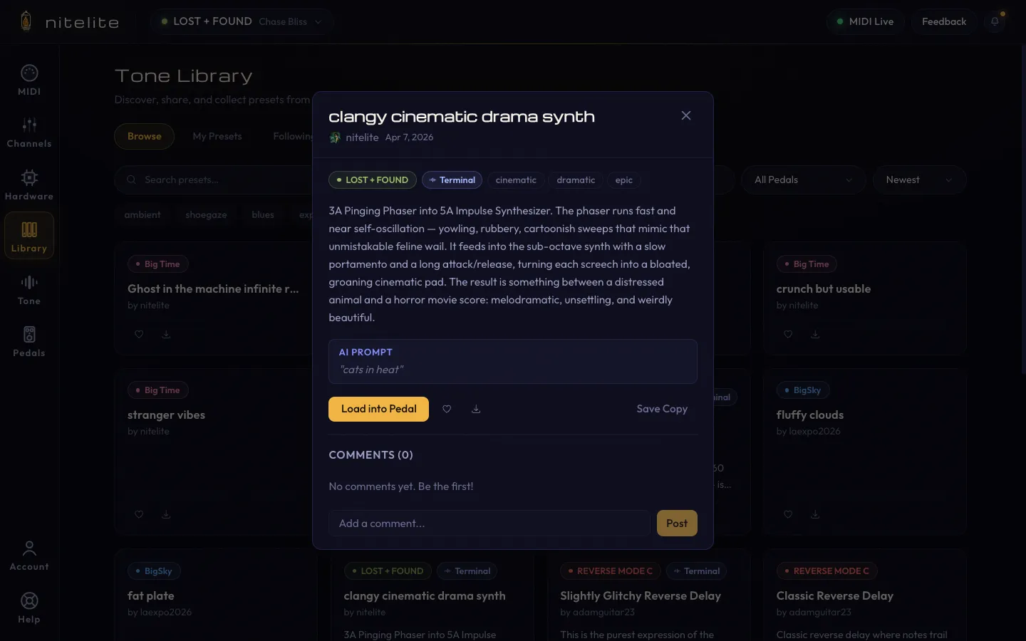 A preset detail view with description, AI prompt, Load into Pedal, and comments