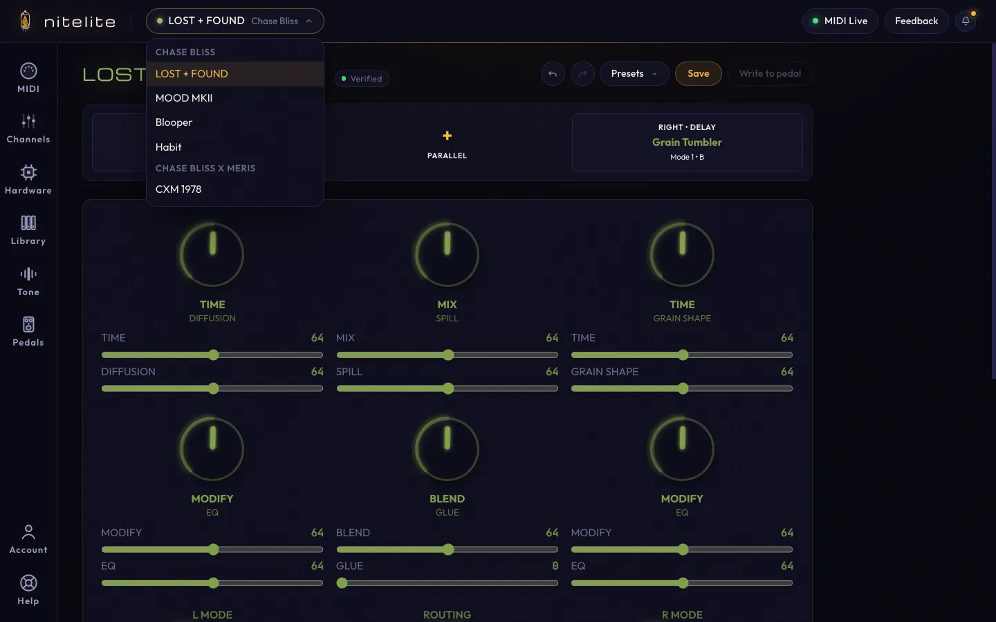 The pedal selector dropdown in the header, showing collection pedals grouped by manufacturer