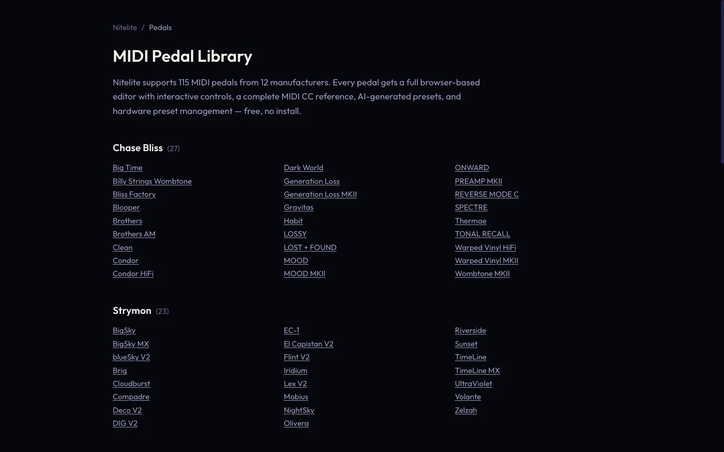 The public pedal library at nitelite.ai/pedals