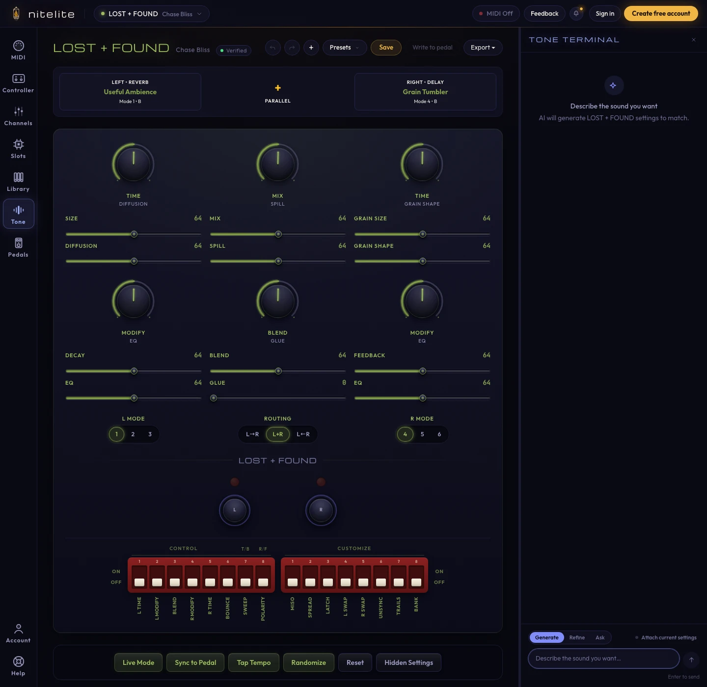 Nitelite app — pedal view with knobs and Tone Terminal